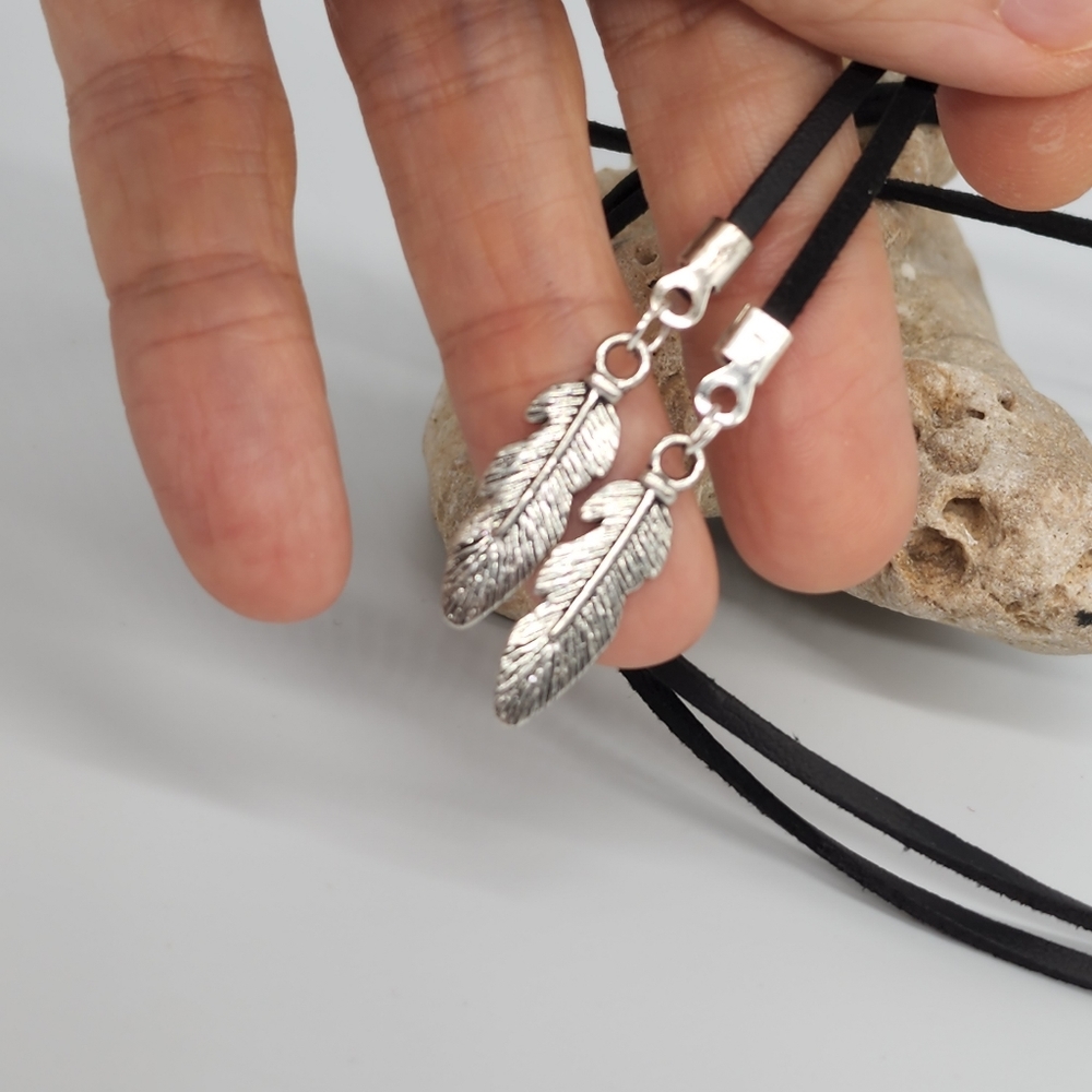 FP Jewelry black Soft Velvet/Suede cord Silver Ends Leaves Boho Necklace - Picture 7 of 11